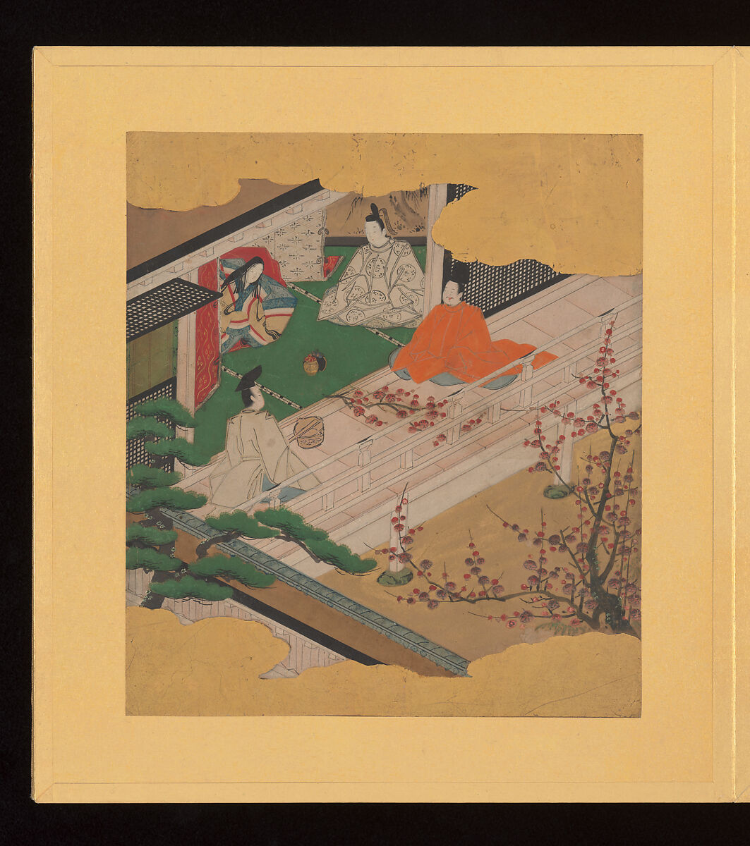 Scenes and Calligraphic Excerpts from The Tale of Genji, Tosa School, Shikishi (poetry cards) mounted in an orihon album; calligraphies: ink on decorated paper; paintings: ink, color, and gold on paper, Japan