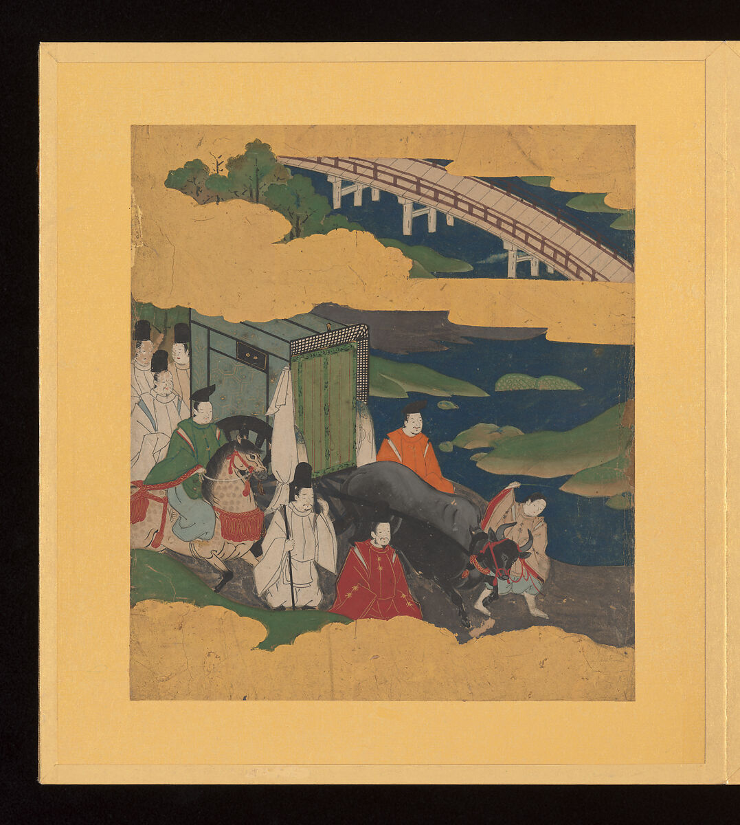 Scenes and Calligraphic Excerpts from The Tale of Genji, Tosa School, Shikishi (poetry cards) mounted in an orihon album; calligraphies: ink on decorated paper; paintings: ink, color, and gold on paper, Japan