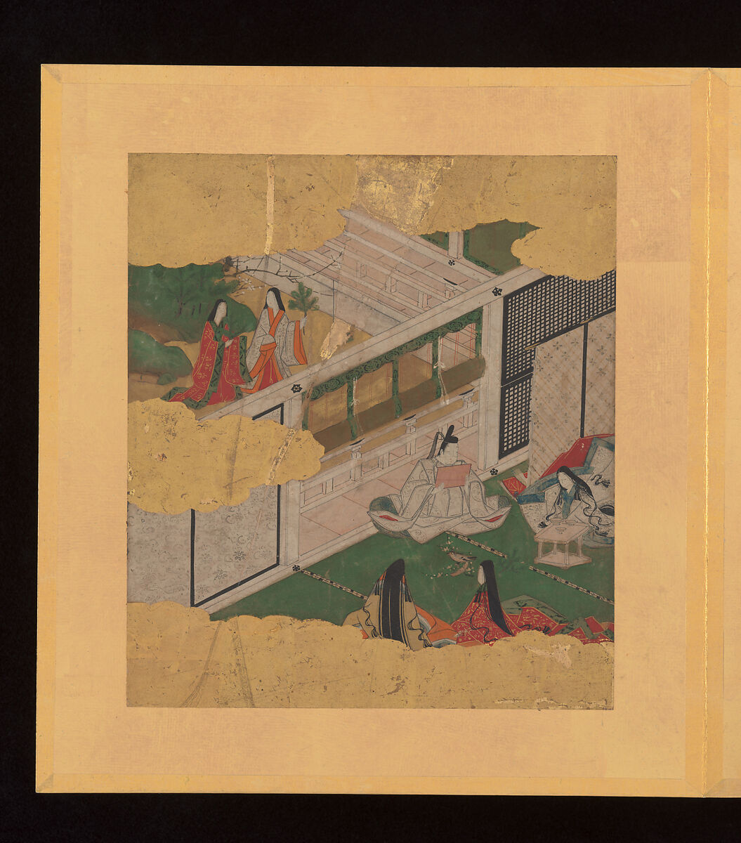 Scenes and Calligraphic Excerpts from The Tale of Genji, Tosa School, Shikishi (poetry cards) mounted in an orihon album; calligraphies: ink on decorated paper; paintings: ink, color, and gold on paper, Japan