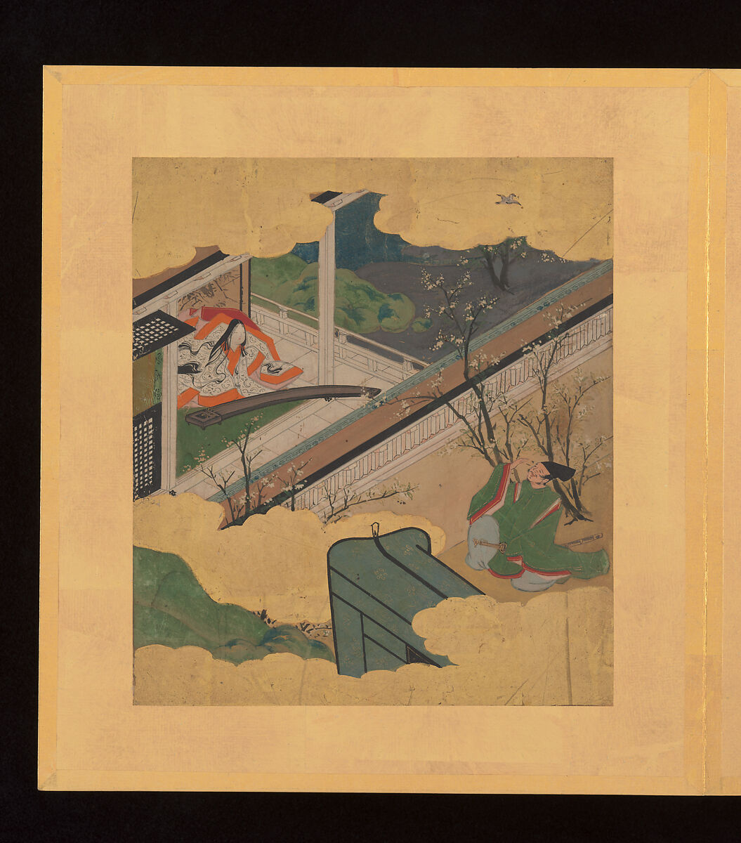 Scenes and Calligraphic Excerpts from The Tale of Genji, Tosa School, Shikishi (poetry cards) mounted in an orihon album; calligraphies: ink on decorated paper; paintings: ink, color, and gold on paper, Japan