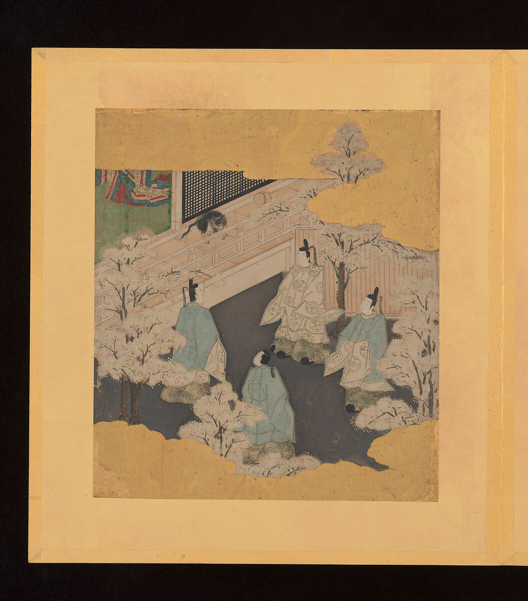 Scenes and Calligraphic Excerpts from The Tale of Genji, Tosa School, Shikishi (poetry cards) mounted in an orihon album; calligraphies: ink on decorated paper; paintings: ink, color, and gold on paper, Japan