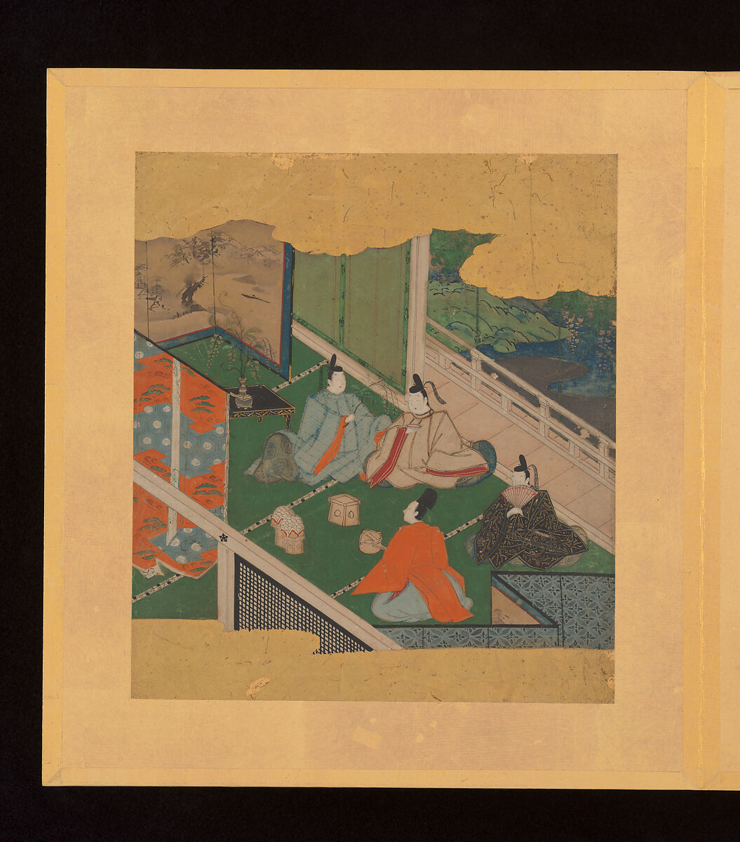 Scenes and Calligraphic Excerpts from The Tale of Genji, Tosa School, Shikishi (poetry cards) mounted in an orihon album; calligraphies: ink on decorated paper; paintings: ink, color, and gold on paper, Japan
