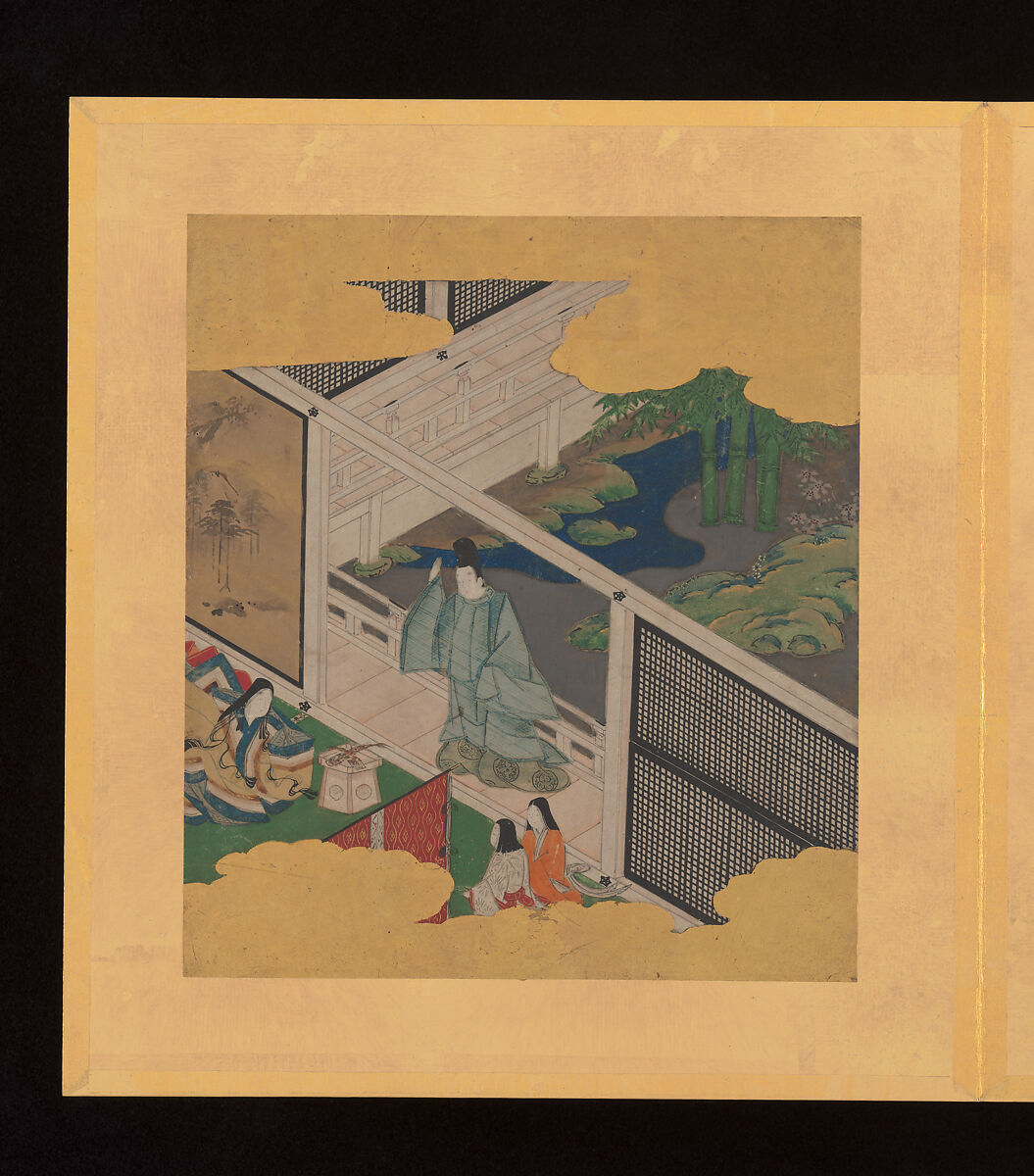 Scenes and Calligraphic Excerpts from The Tale of Genji, Tosa School, Shikishi (poetry cards) mounted in an orihon album; calligraphies: ink on decorated paper; paintings: ink, color, and gold on paper, Japan
