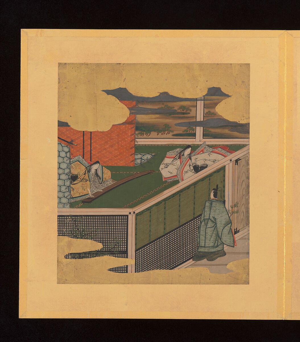 Scenes and Calligraphic Excerpts from The Tale of Genji, Tosa School, Shikishi (poetry cards) mounted in an orihon album; calligraphies: ink on decorated paper; paintings: ink, color, and gold on paper, Japan