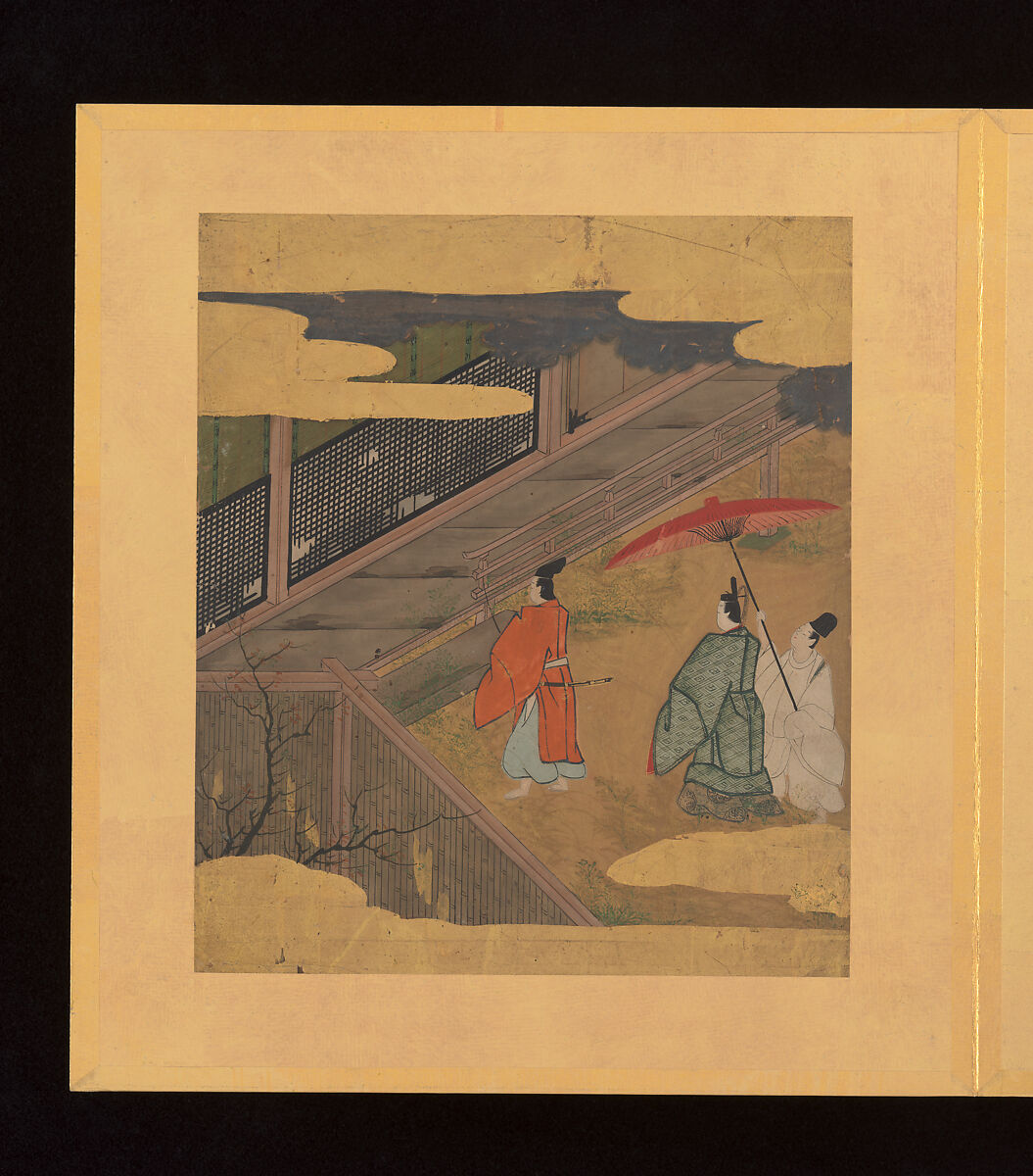 Scenes and Calligraphic Excerpts from The Tale of Genji, Tosa School, Shikishi (poetry cards) mounted in an orihon album; calligraphies: ink on decorated paper; paintings: ink, color, and gold on paper, Japan