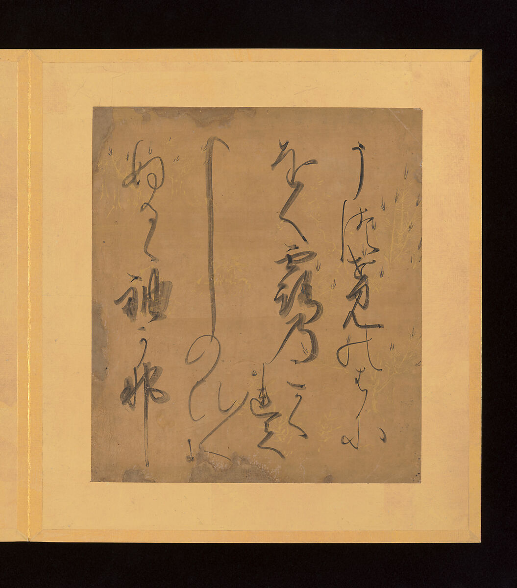 Scenes and Calligraphic Excerpts from The Tale of Genji, Tosa School, Shikishi (poetry cards) mounted in an orihon album; calligraphies: ink on decorated paper; paintings: ink, color, and gold on paper, Japan