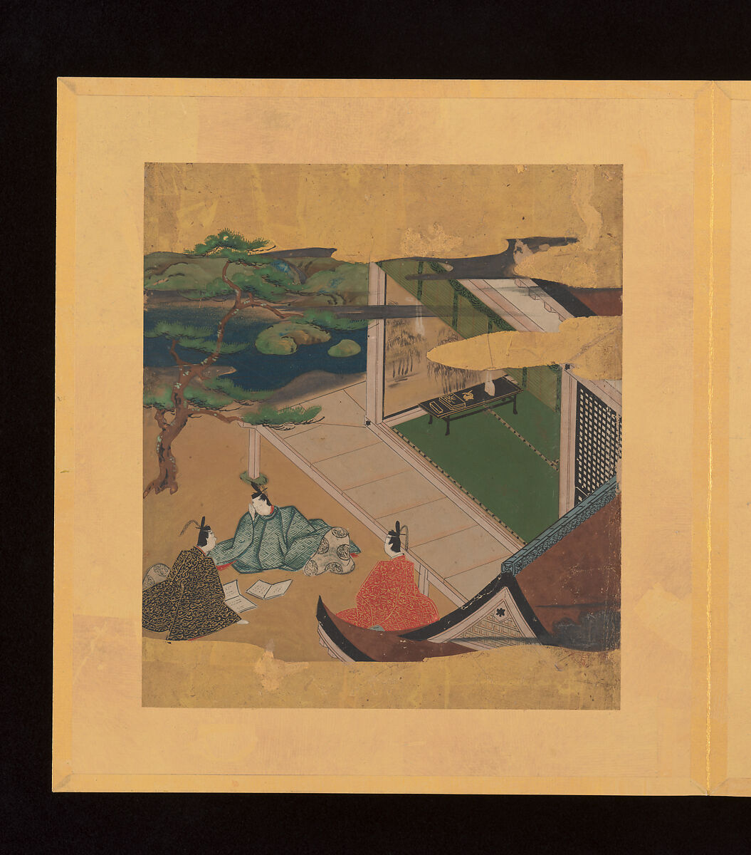 Scenes and Calligraphic Excerpts from The Tale of Genji, Tosa School, Shikishi (poetry cards) mounted in an orihon album; calligraphies: ink on decorated paper; paintings: ink, color, and gold on paper, Japan