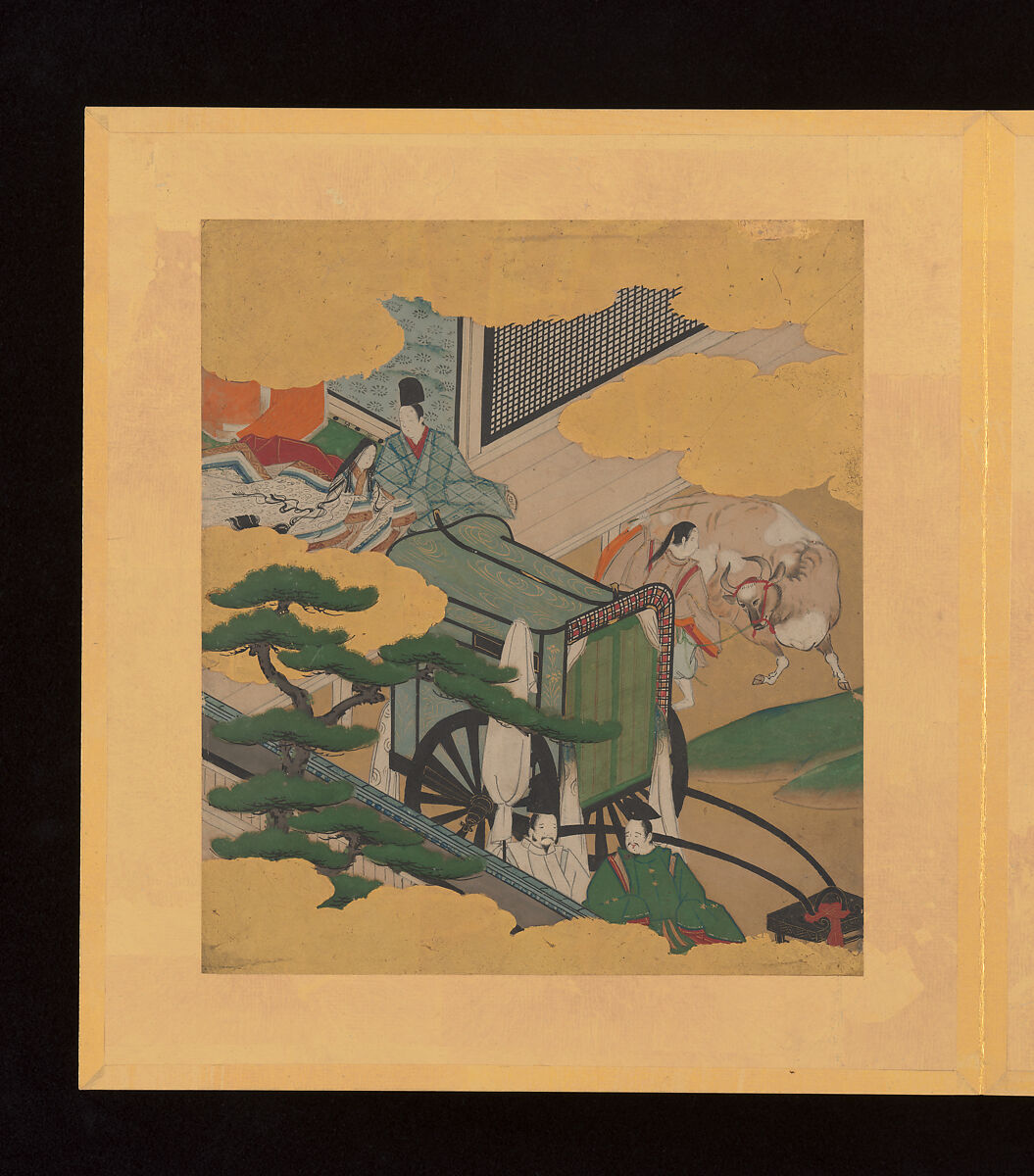 Scenes and Calligraphic Excerpts from The Tale of Genji, Tosa School, Shikishi (poetry cards) mounted in an orihon album; calligraphies: ink on decorated paper; paintings: ink, color, and gold on paper, Japan