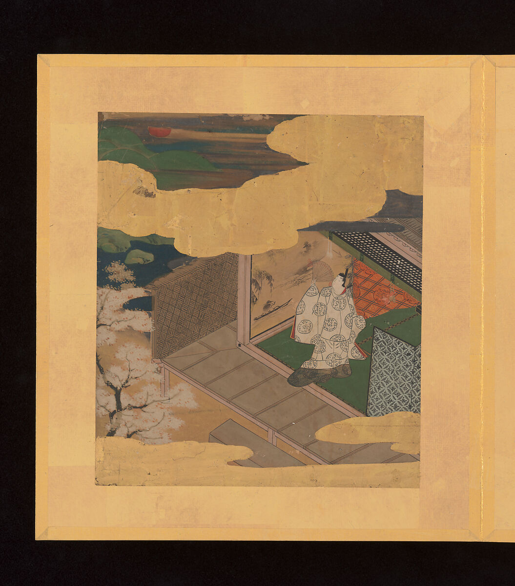 Scenes and Calligraphic Excerpts from The Tale of Genji, Tosa School, Shikishi (poetry cards) mounted in an orihon album; calligraphies: ink on decorated paper; paintings: ink, color, and gold on paper, Japan