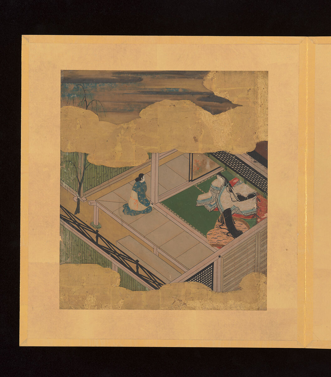 Scenes and Calligraphic Excerpts from The Tale of Genji, Tosa School, Shikishi (poetry cards) mounted in an orihon album; calligraphies: ink on decorated paper; paintings: ink, color, and gold on paper, Japan