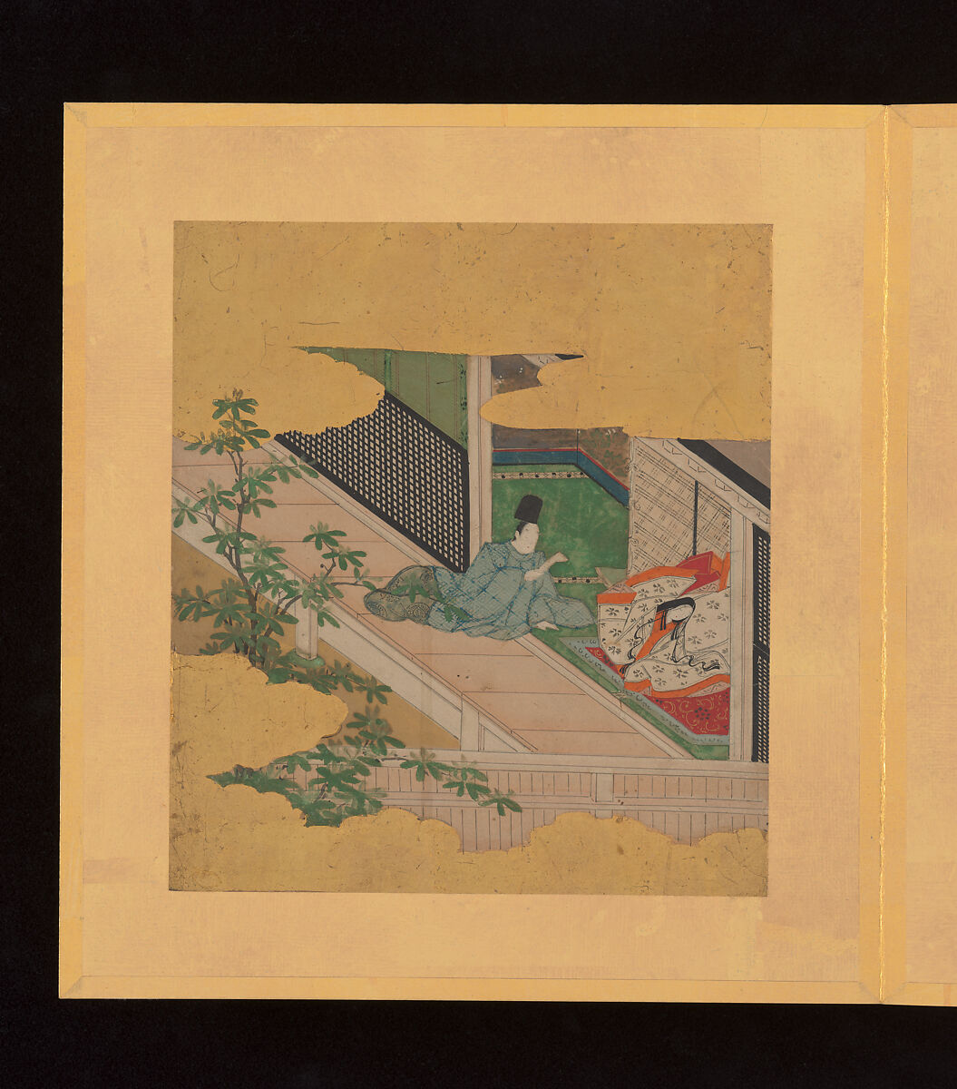 Scenes and Calligraphic Excerpts from The Tale of Genji, Tosa School, Shikishi (poetry cards) mounted in an orihon album; calligraphies: ink on decorated paper; paintings: ink, color, and gold on paper, Japan