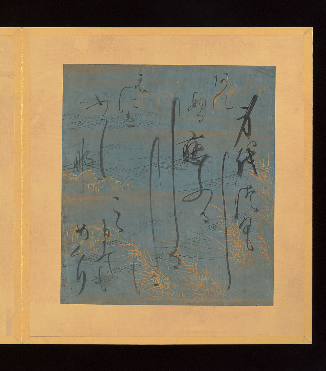 Scenes and Calligraphic Excerpts from The Tale of Genji, Tosa School, Shikishi (poetry cards) mounted in an orihon album; calligraphies: ink on decorated paper; paintings: ink, color, and gold on paper, Japan
