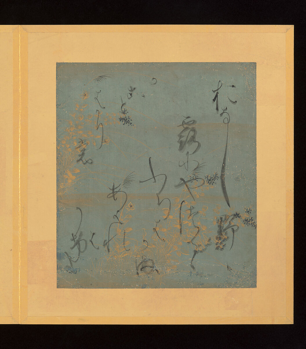 Scenes and Calligraphic Excerpts from The Tale of Genji, Tosa School, Shikishi (poetry cards) mounted in an orihon album; calligraphies: ink on decorated paper; paintings: ink, color, and gold on paper, Japan