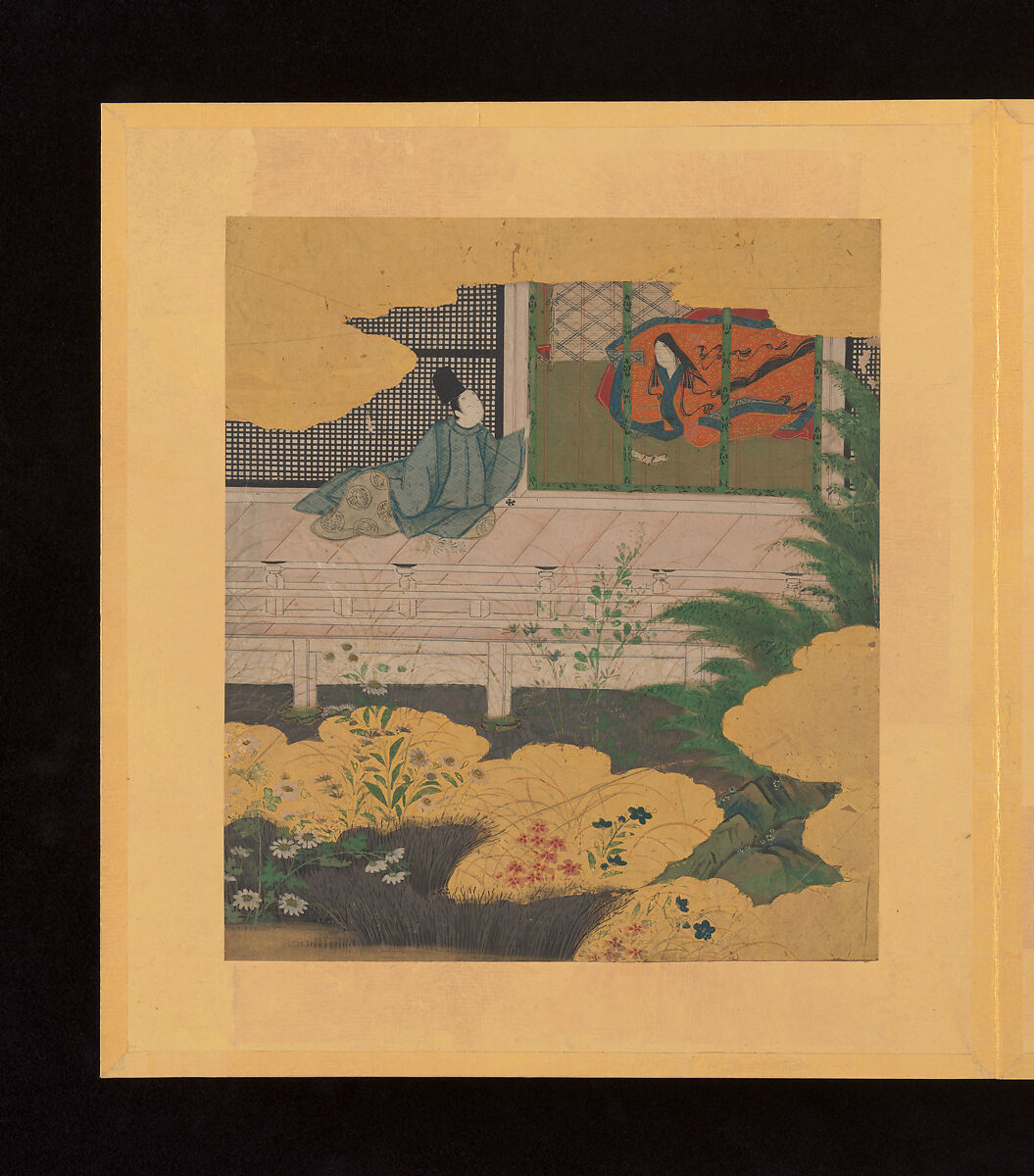 Scenes and Calligraphic Excerpts from The Tale of Genji, Tosa School, Shikishi (poetry cards) mounted in an orihon album; calligraphies: ink on decorated paper; paintings: ink, color, and gold on paper, Japan