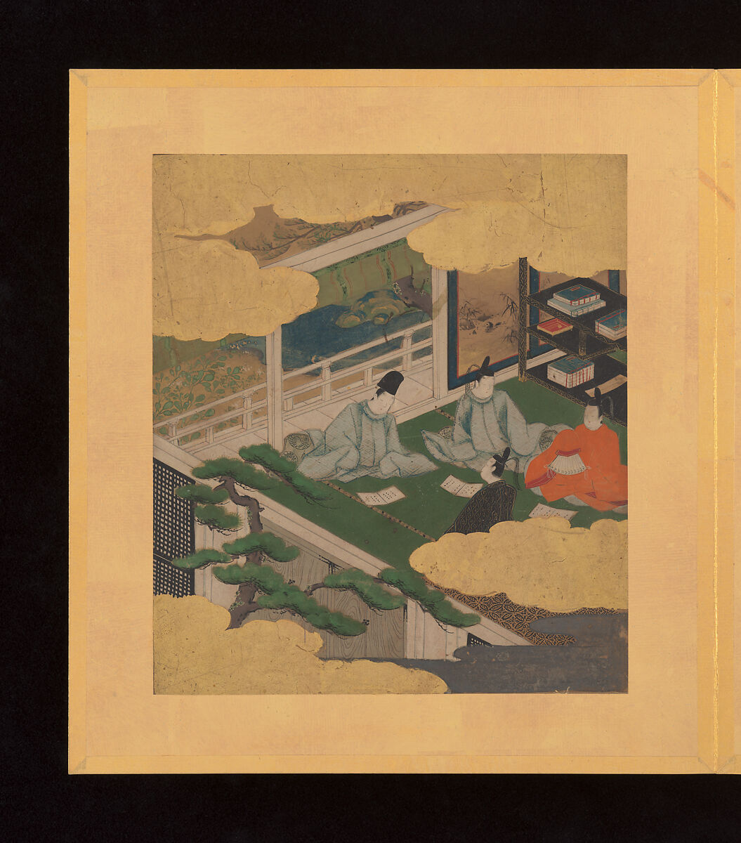 Scenes and Calligraphic Excerpts from The Tale of Genji, Tosa School, Shikishi (poetry cards) mounted in an orihon album; calligraphies: ink on decorated paper; paintings: ink, color, and gold on paper, Japan