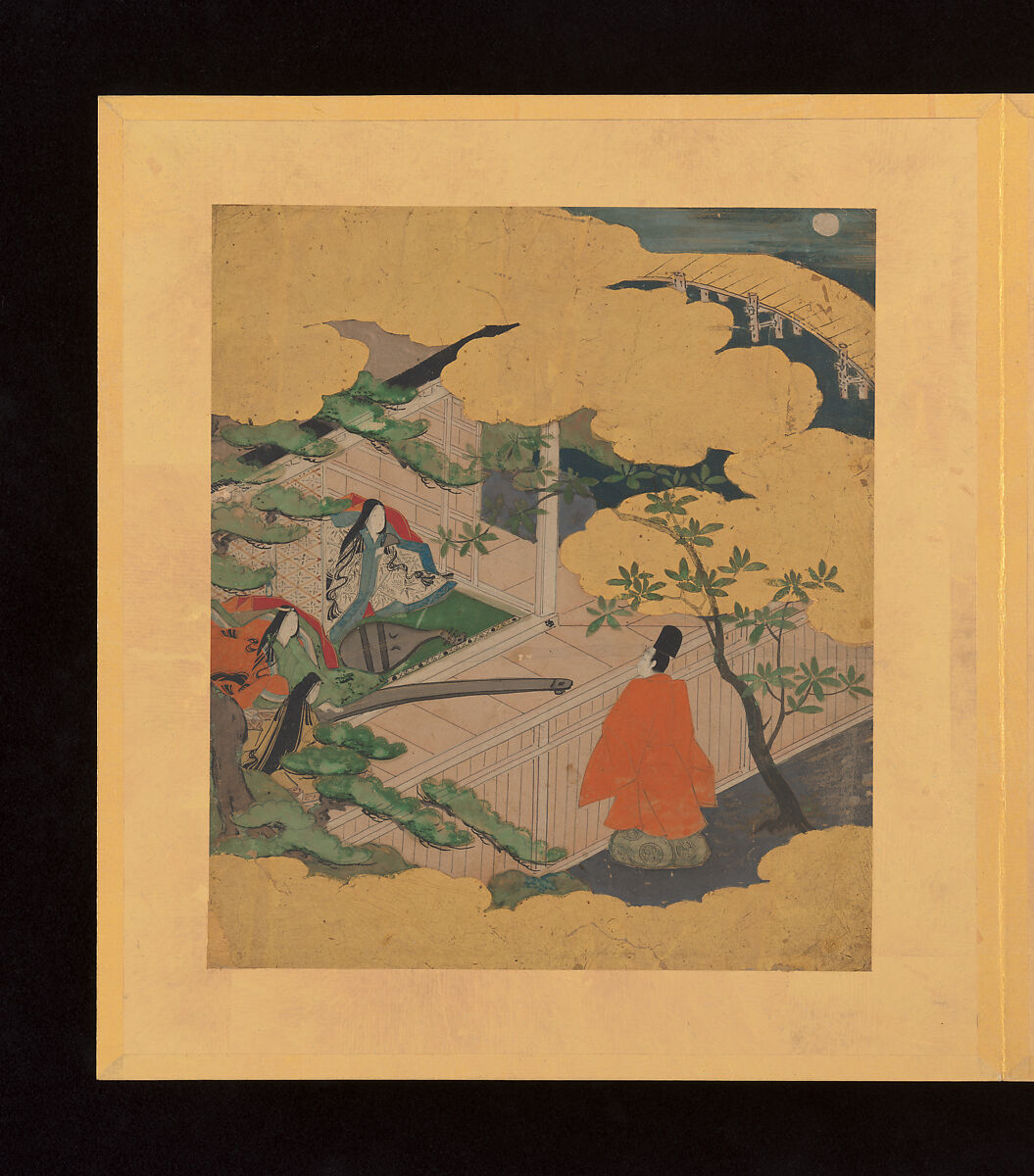 Scenes and Calligraphic Excerpts from The Tale of Genji, Tosa School, Shikishi (poetry cards) mounted in an orihon album; calligraphies: ink on decorated paper; paintings: ink, color, and gold on paper, Japan