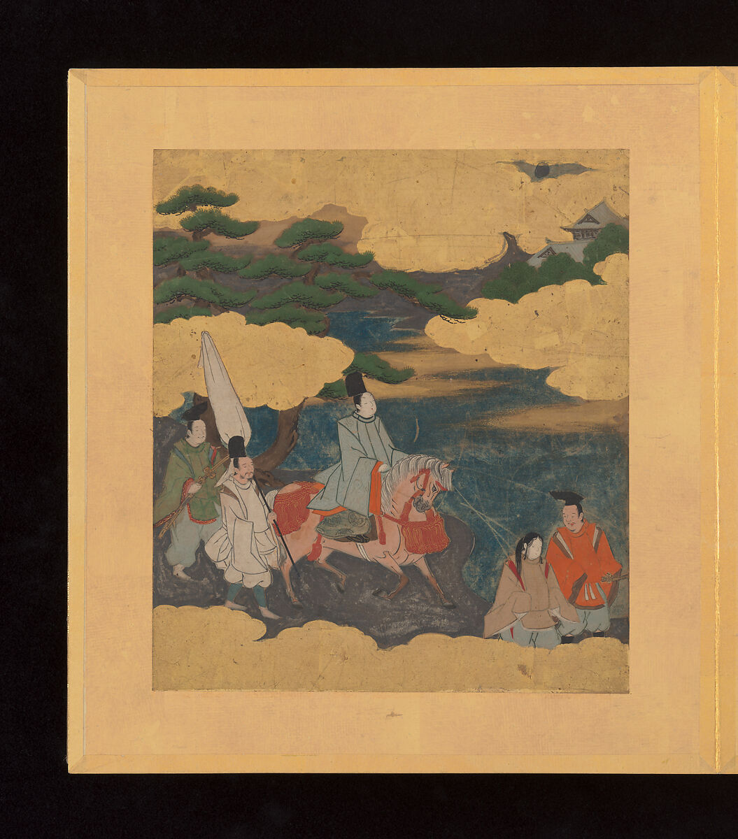 Scenes and Calligraphic Excerpts from The Tale of Genji, Tosa School, Shikishi (poetry cards) mounted in an orihon album; calligraphies: ink on decorated paper; paintings: ink, color, and gold on paper, Japan