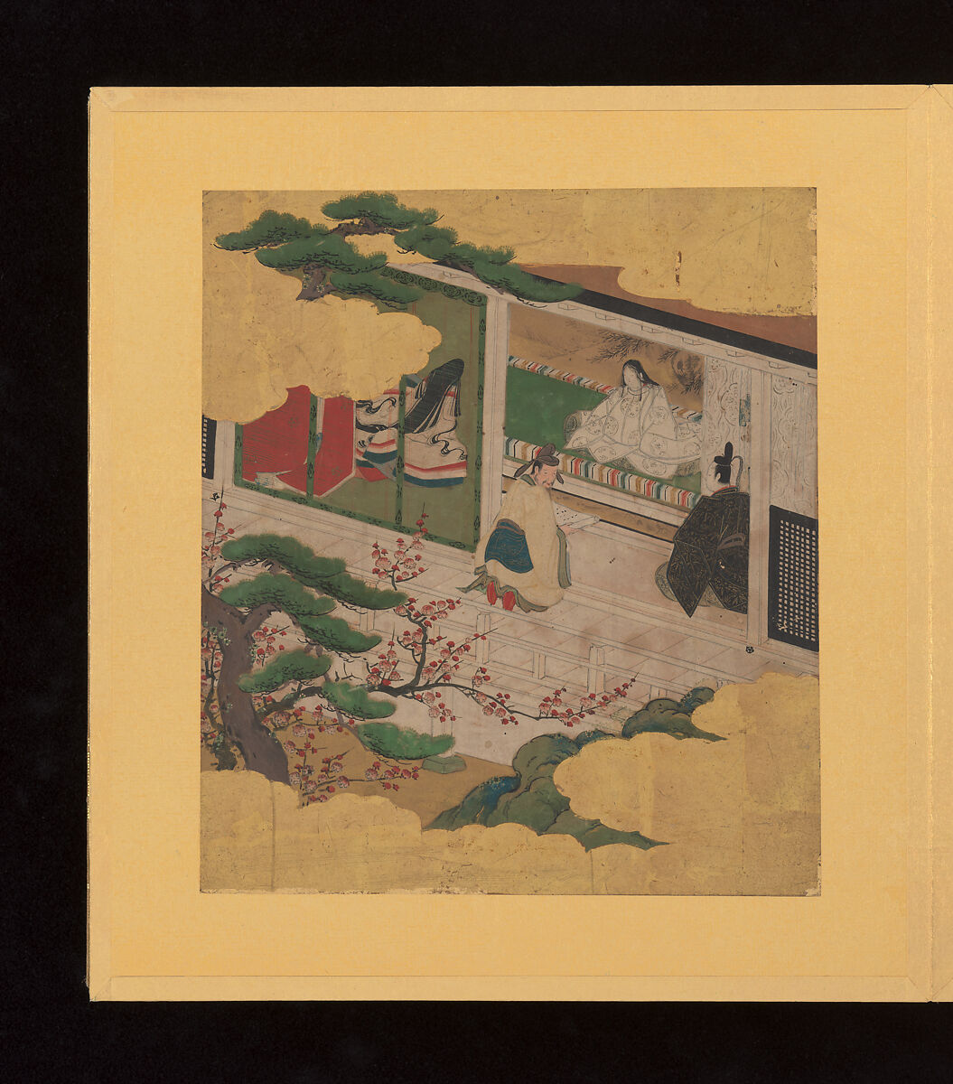 Scenes and Calligraphic Excerpts from The Tale of Genji, Tosa School, Shikishi (poetry cards) mounted in an orihon album; calligraphies: ink on decorated paper; paintings: ink, color, and gold on paper, Japan