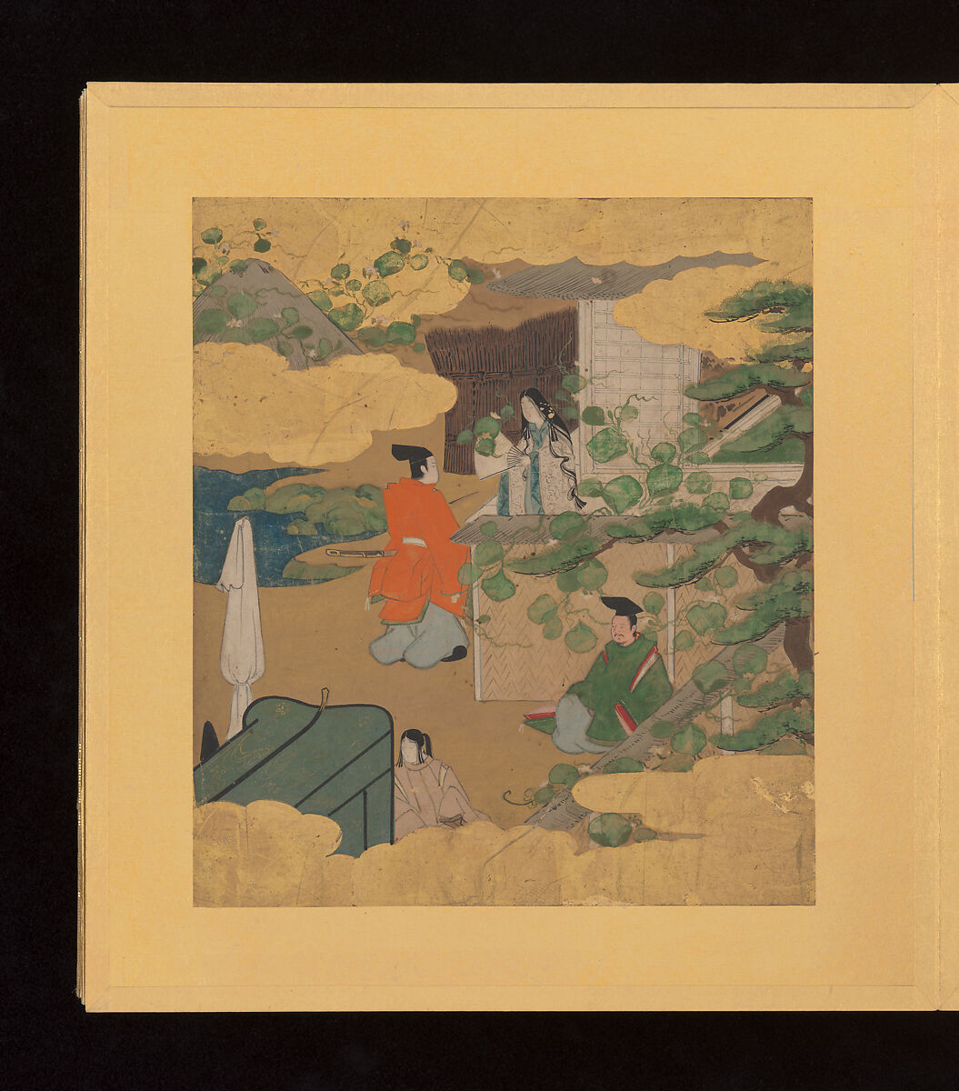 Scenes and Calligraphic Excerpts from The Tale of Genji, Tosa School, Shikishi (poetry cards) mounted in an orihon album; calligraphies: ink on decorated paper; paintings: ink, color, and gold on paper, Japan