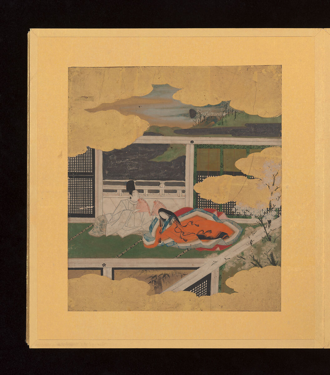 Scenes and Calligraphic Excerpts from The Tale of Genji, Tosa School, Shikishi (poetry cards) mounted in an orihon album; calligraphies: ink on decorated paper; paintings: ink, color, and gold on paper, Japan