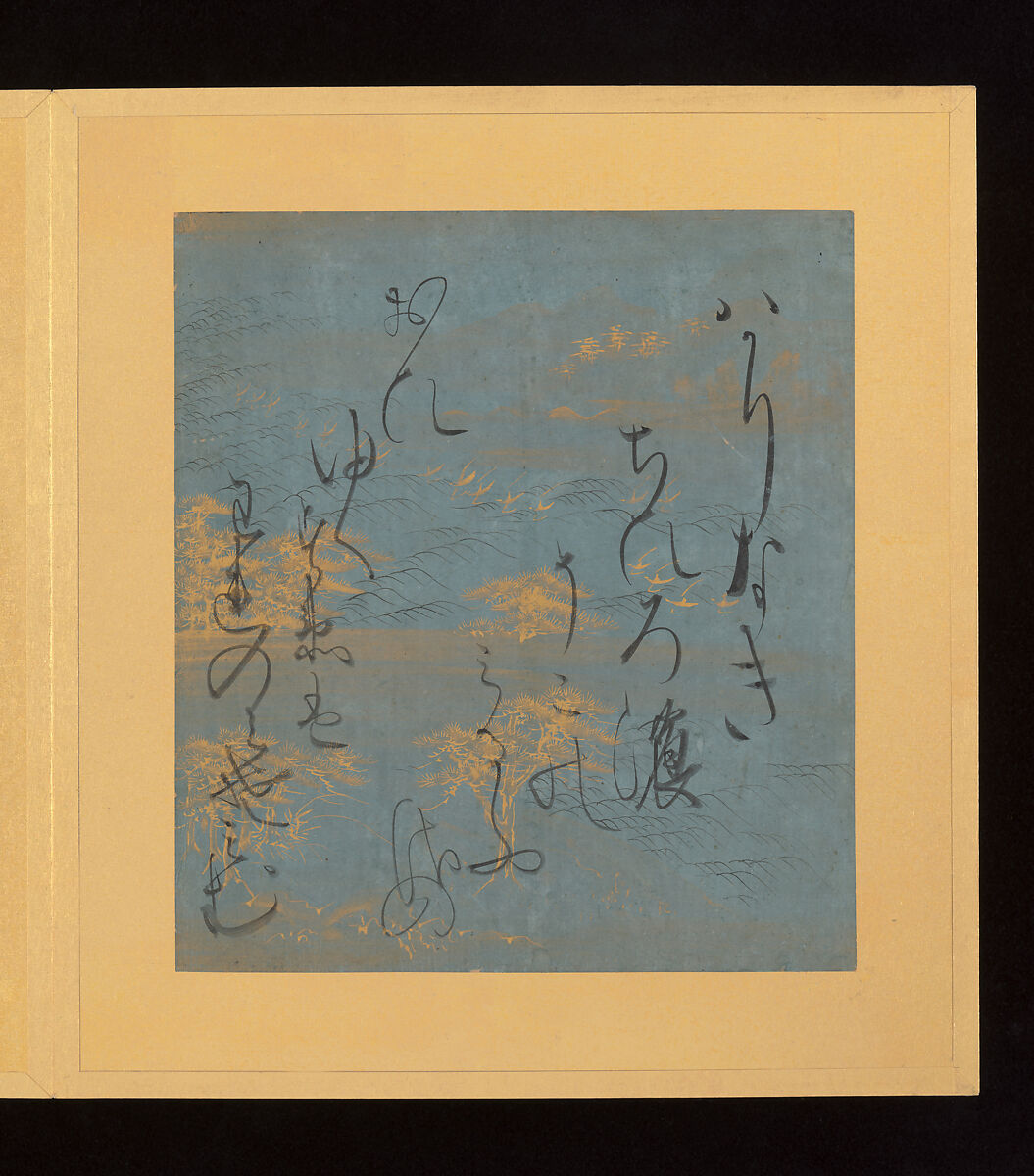 Scenes and Calligraphic Excerpts from The Tale of Genji, Tosa School, Shikishi (poetry cards) mounted in an orihon album; calligraphies: ink on decorated paper; paintings: ink, color, and gold on paper, Japan
