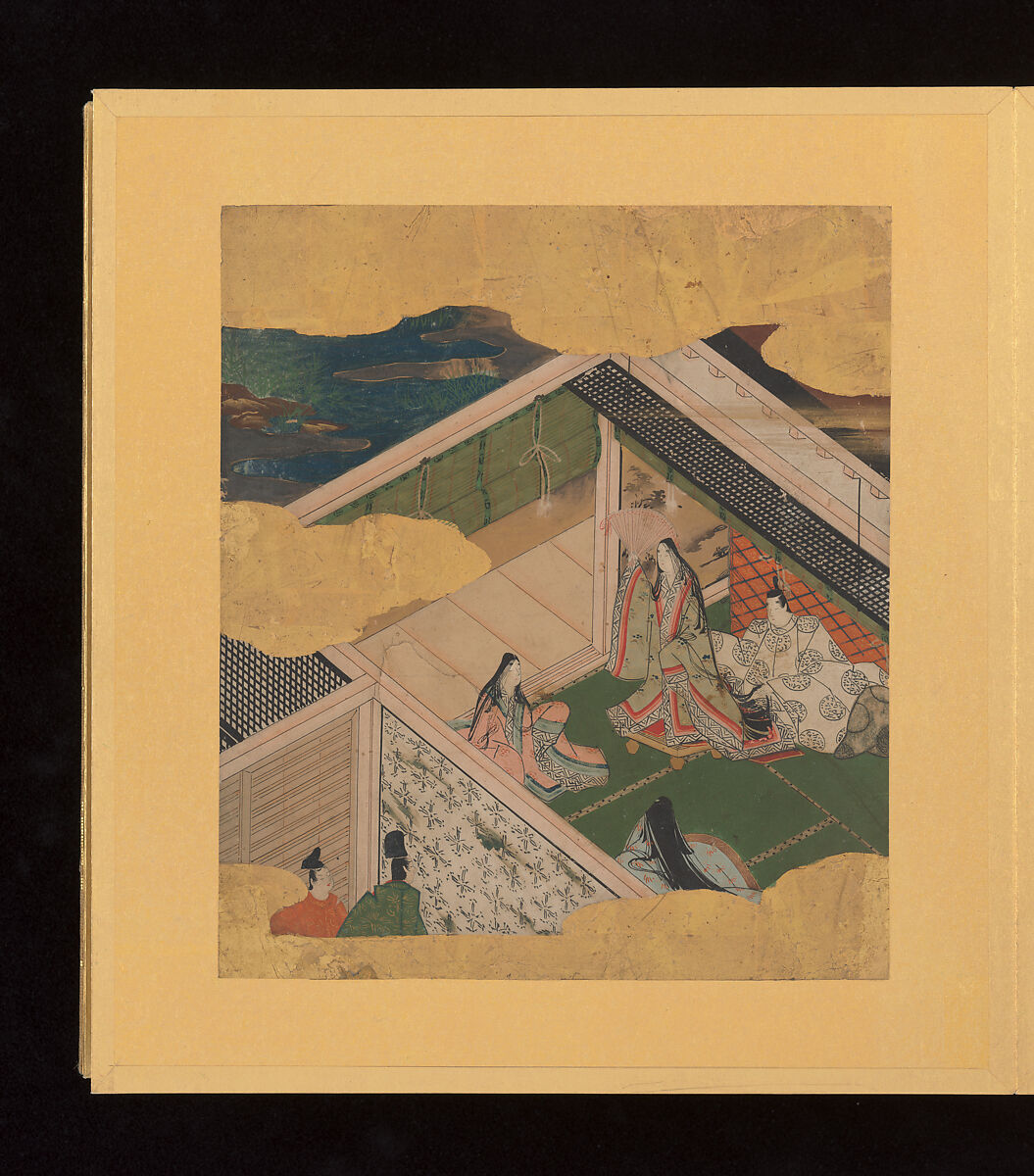Scenes and Calligraphic Excerpts from The Tale of Genji, Tosa School, Shikishi (poetry cards) mounted in an orihon album; calligraphies: ink on decorated paper; paintings: ink, color, and gold on paper, Japan