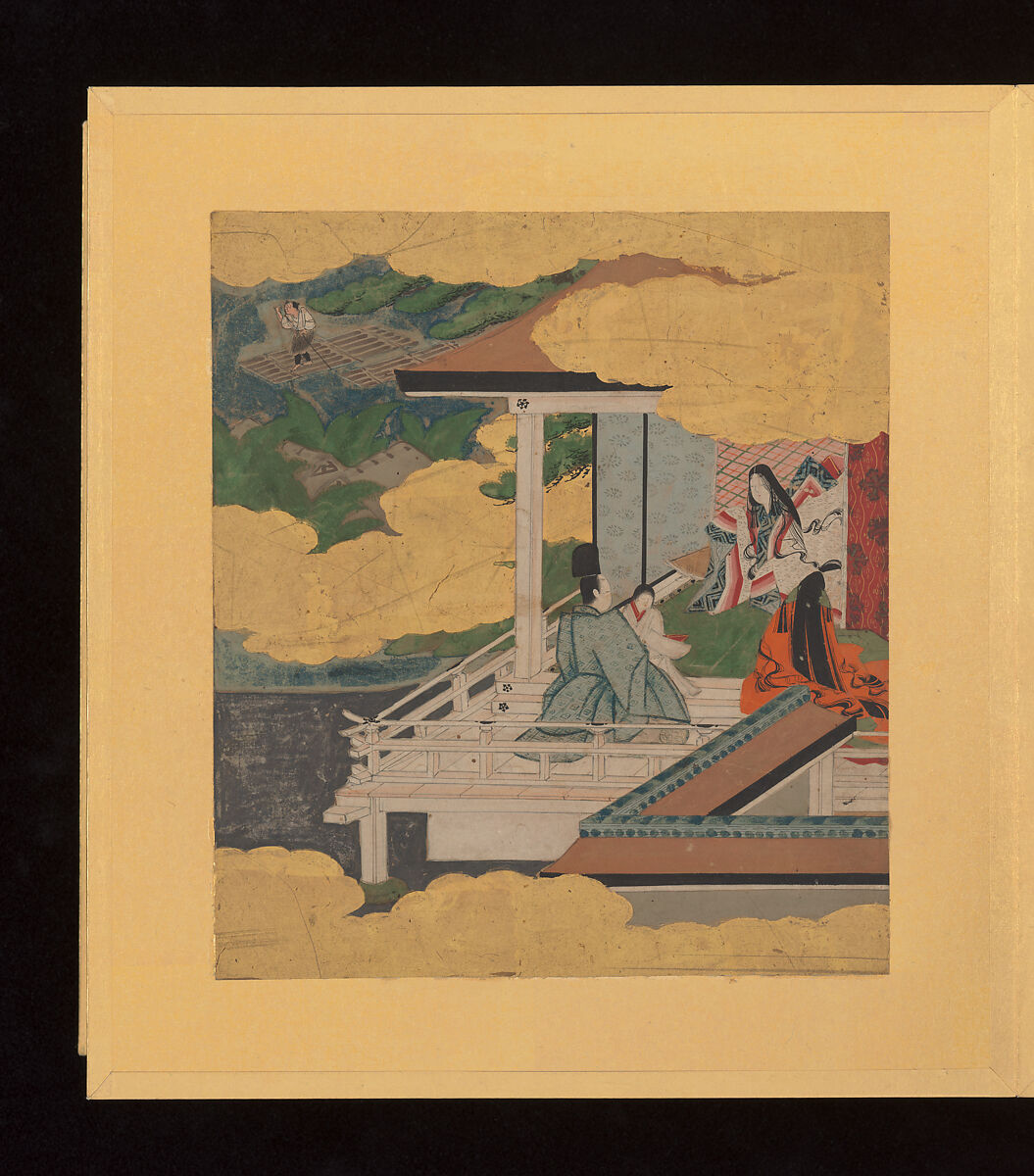 Scenes and Calligraphic Excerpts from The Tale of Genji, Tosa School, Shikishi (poetry cards) mounted in an orihon album; calligraphies: ink on decorated paper; paintings: ink, color, and gold on paper, Japan