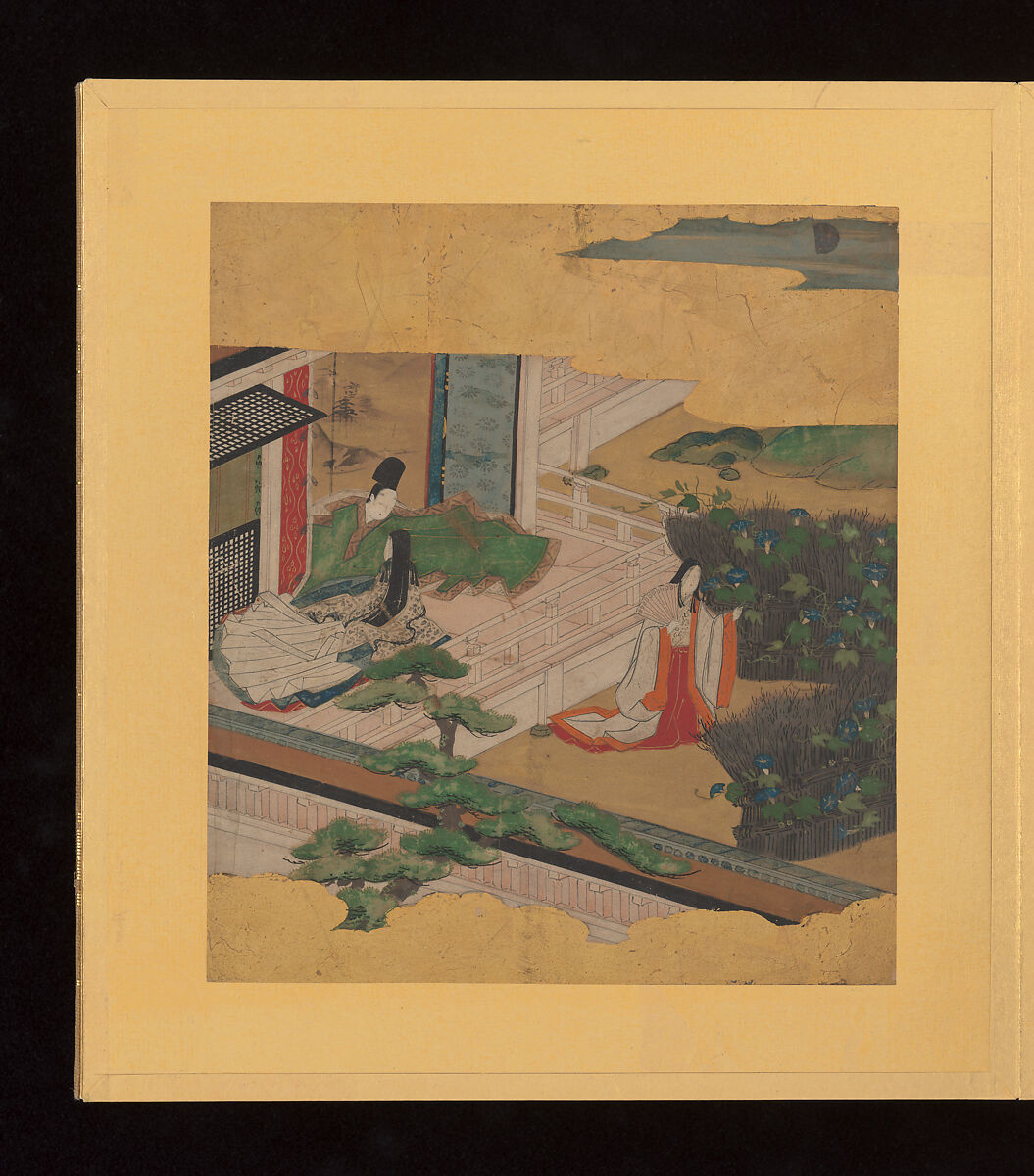 Scenes and Calligraphic Excerpts from The Tale of Genji, Tosa School, Shikishi (poetry cards) mounted in an orihon album; calligraphies: ink on decorated paper; paintings: ink, color, and gold on paper, Japan