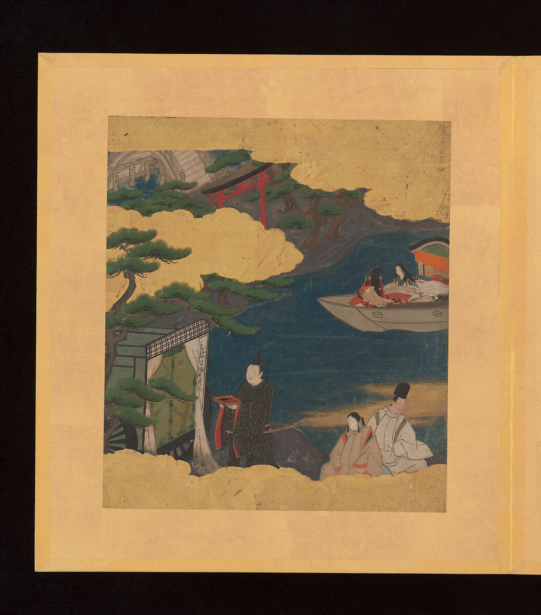 Scenes and Calligraphic Excerpts from The Tale of Genji, Tosa School, Shikishi (poetry cards) mounted in an orihon album; calligraphies: ink on decorated paper; paintings: ink, color, and gold on paper, Japan