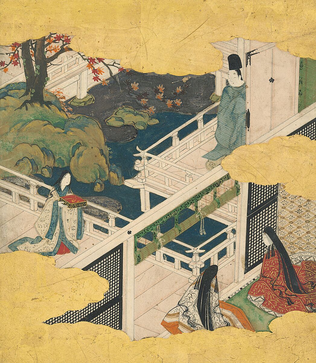 Scenes and Calligraphic Excerpts from The Tale of Genji, Tosa School, Shikishi (poetry cards) mounted in an orihon album; calligraphies: ink on decorated paper; paintings: ink, color, and gold on paper, Japan