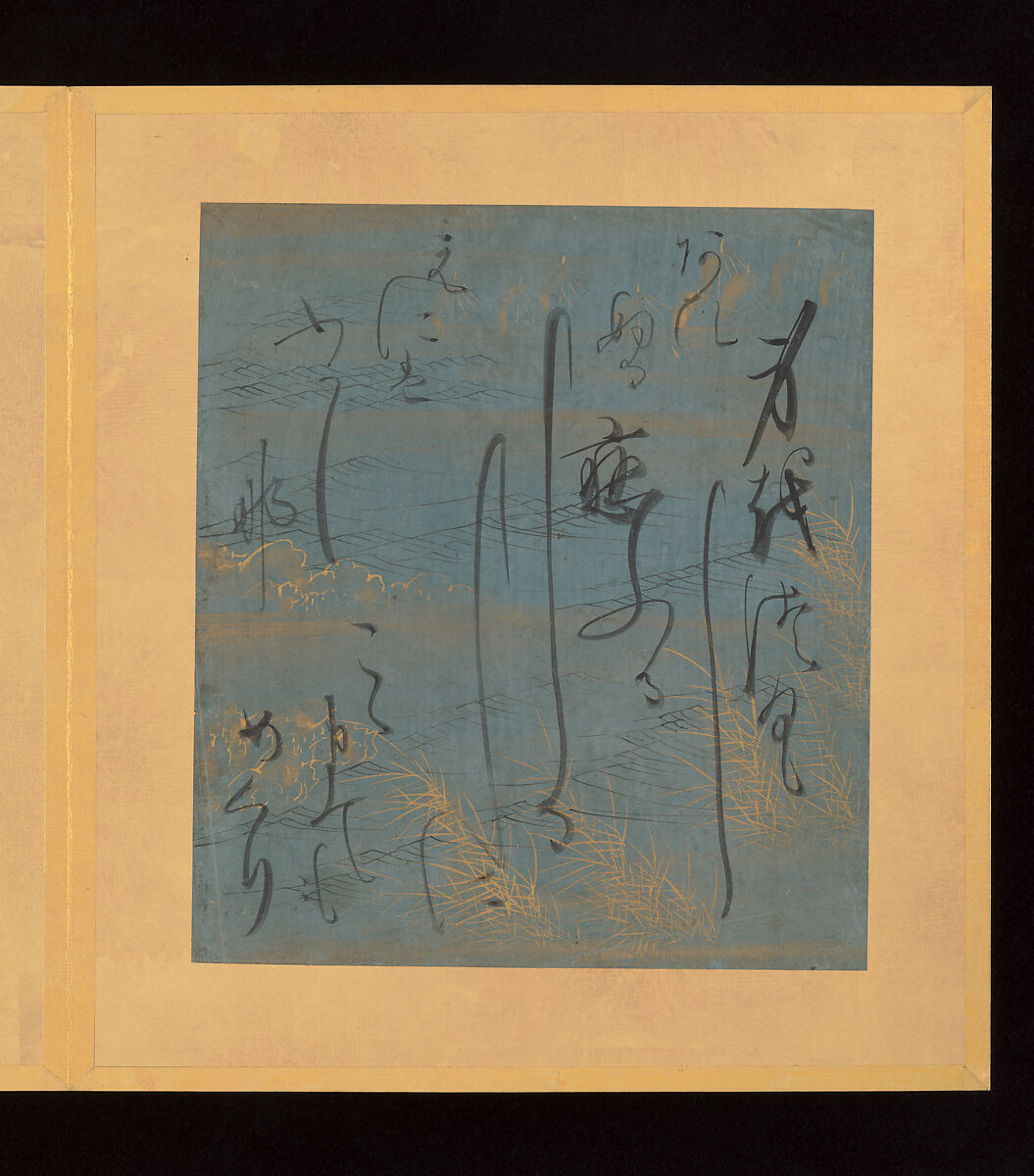 Excerpts from The Tale of Genji, Calligraphy by Ono no Ozū (Ono no Tsū) (Japanese, 1559/68–1631), Leaves from an orihon album; calligraphies: ink on decorated paper; paintings: ink, color, and gold on paper, Japan 