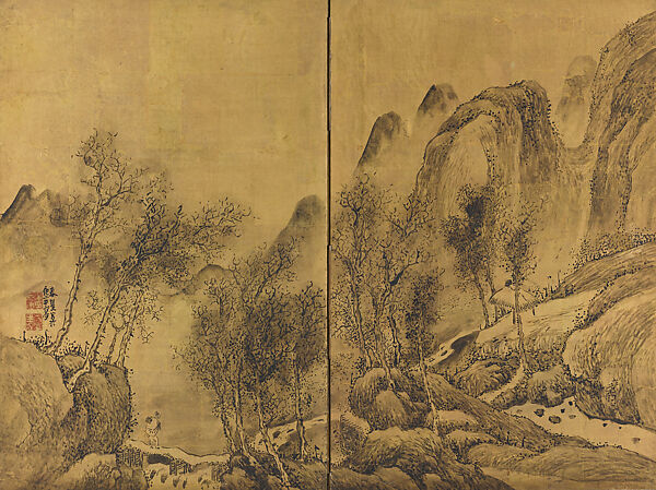 Lone Traveler in Wintry Mountains, Yosa Buson (Japanese, 1716–1783), Two-panel folding screen; ink and gold-leaf on paper, Japan 