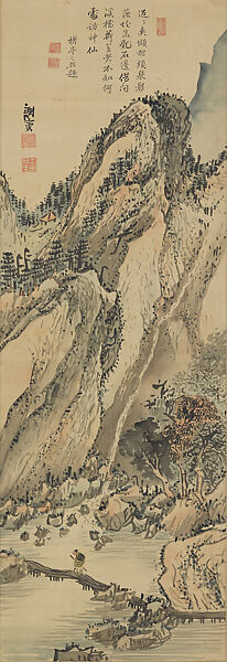 Crossing a Mountain Stream by the Bridge, Yosa Buson (Japanese, 1716–1783), Hanging scroll; ink and color on silk, Japan 