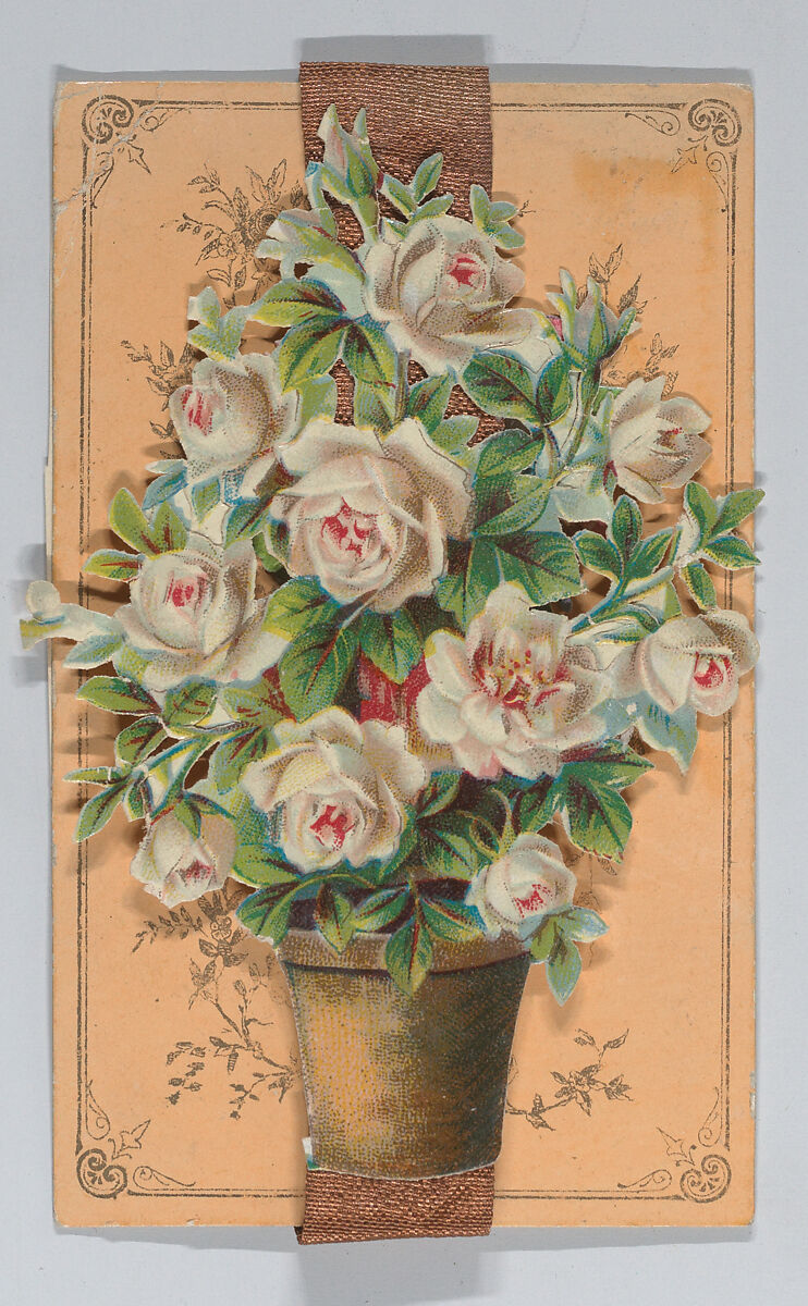 Valentine - Hand assembled with scrap, Anonymous, American, 19th century, Heavy card stock, chromolithography, die-cut scraps, brown silk ribbon 