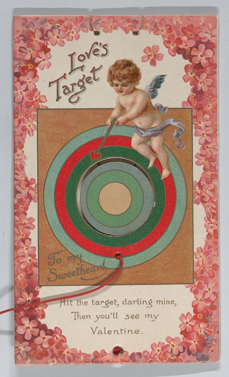 Valentine - Mechanical - Cupid and Target, Anonymous, British, 19th century, Heavy card stock, chromolithography, narrow red ribbon, red string, red bead 