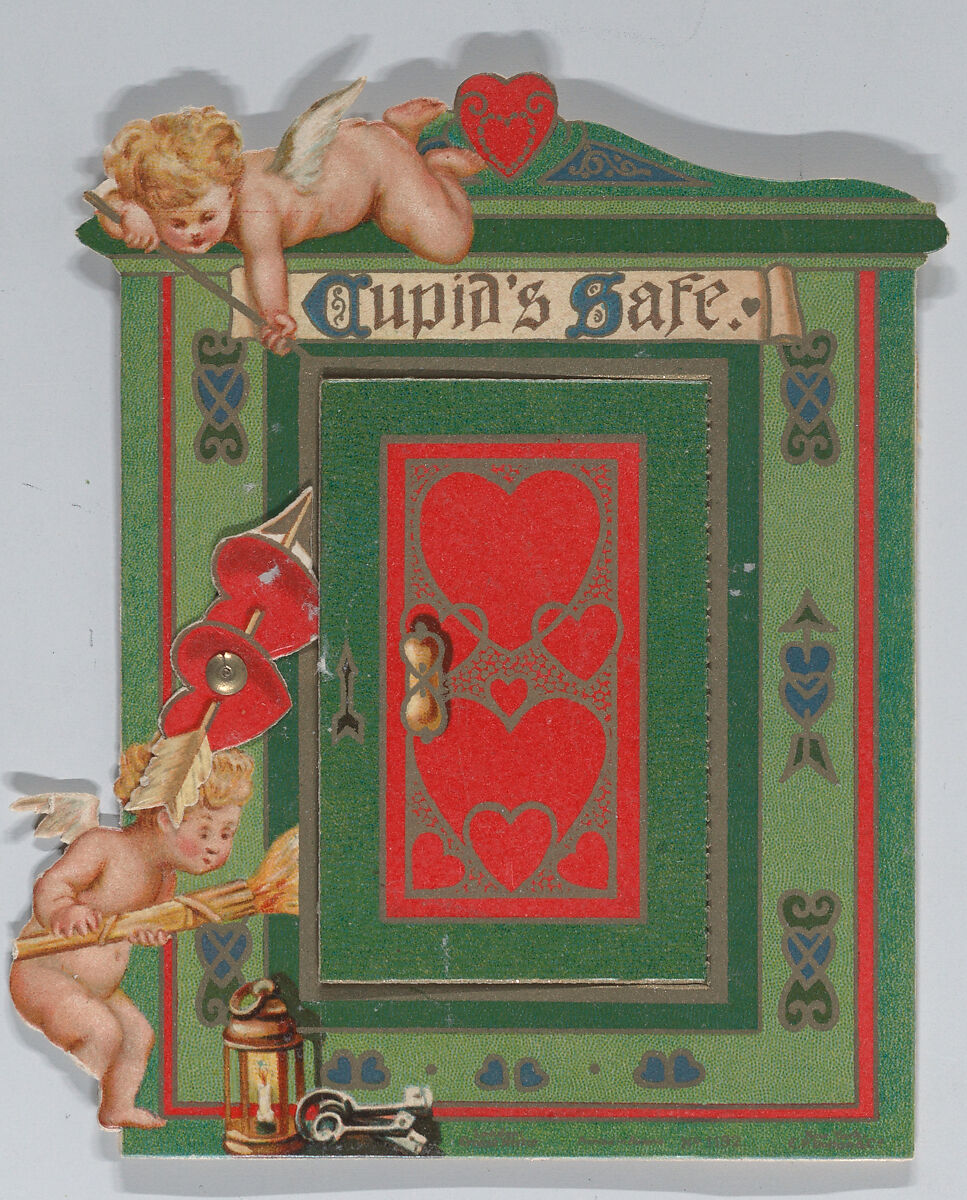 Valentine - Mechanical, Cupids with safe and money, Anonymous, British or American, 19th century, Heavy card stock, chromolithography, brass grommet 