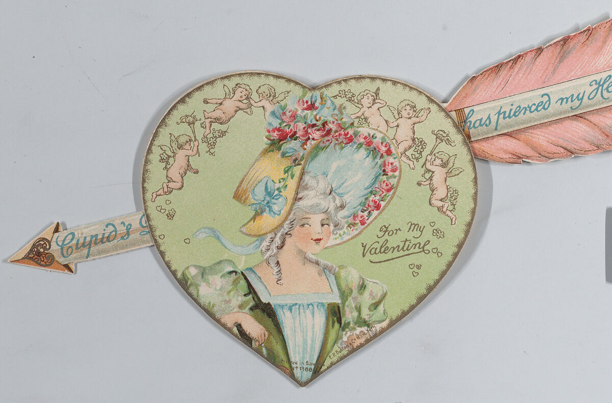 Valentine - Mechanical - Heart with arrow opens, image of a woman, Anonymous, British or American, 19th century, Heavy card stock, chromolithography, narrow silk ribbon 