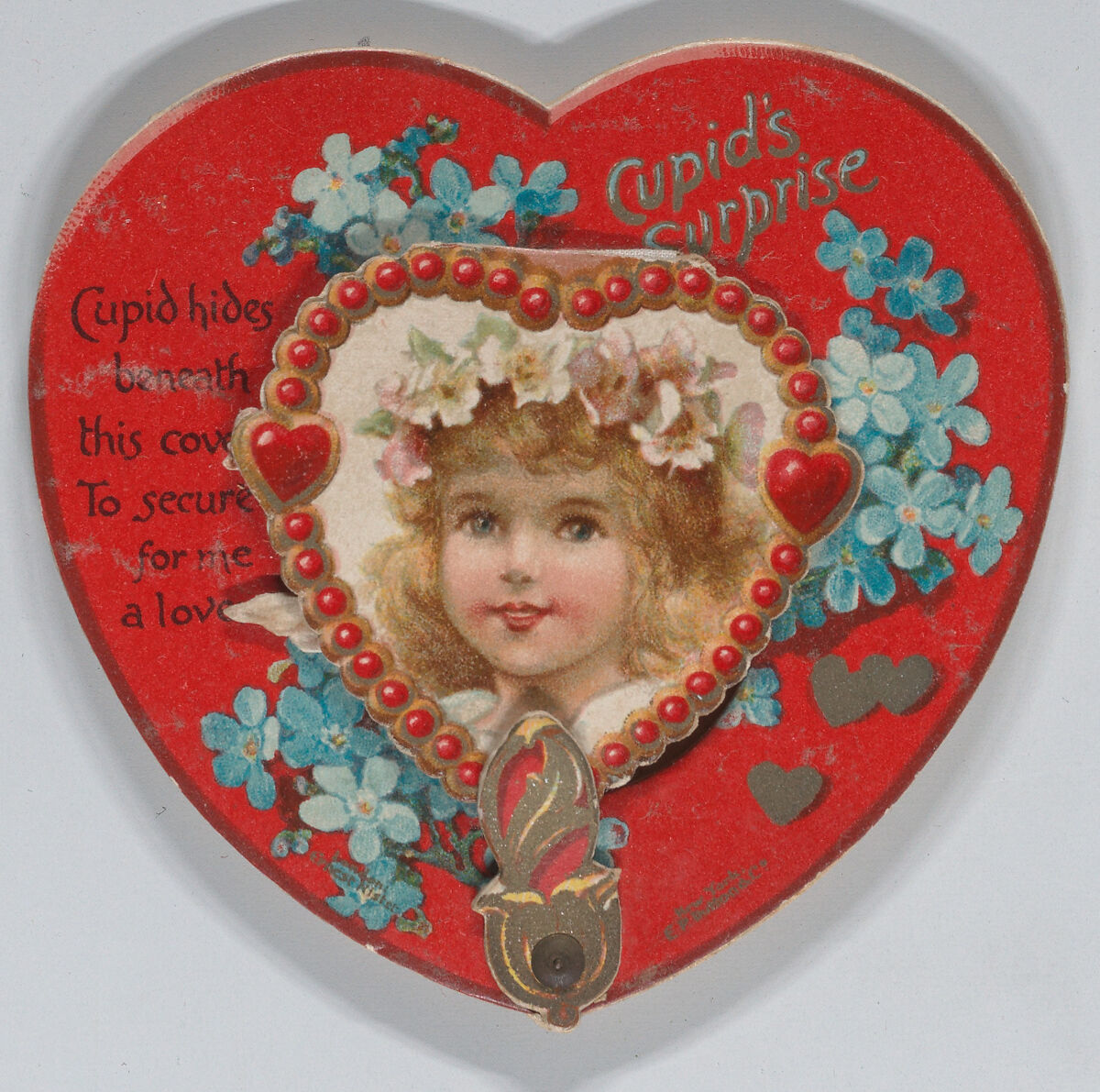 Valentine - Mechanical - Heart opens to reveal Cupid, Anonymous, British or American, 19th century, Heavy die-cut card stock, chromolithography, brass grommet 