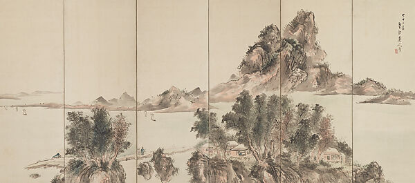 Views of Lake Biwa at Sakamoto, Yokoi Kinkoku (Japanese, 1761–1832), Pair of six-panel folding screens; ink and color on paper, Japan 
