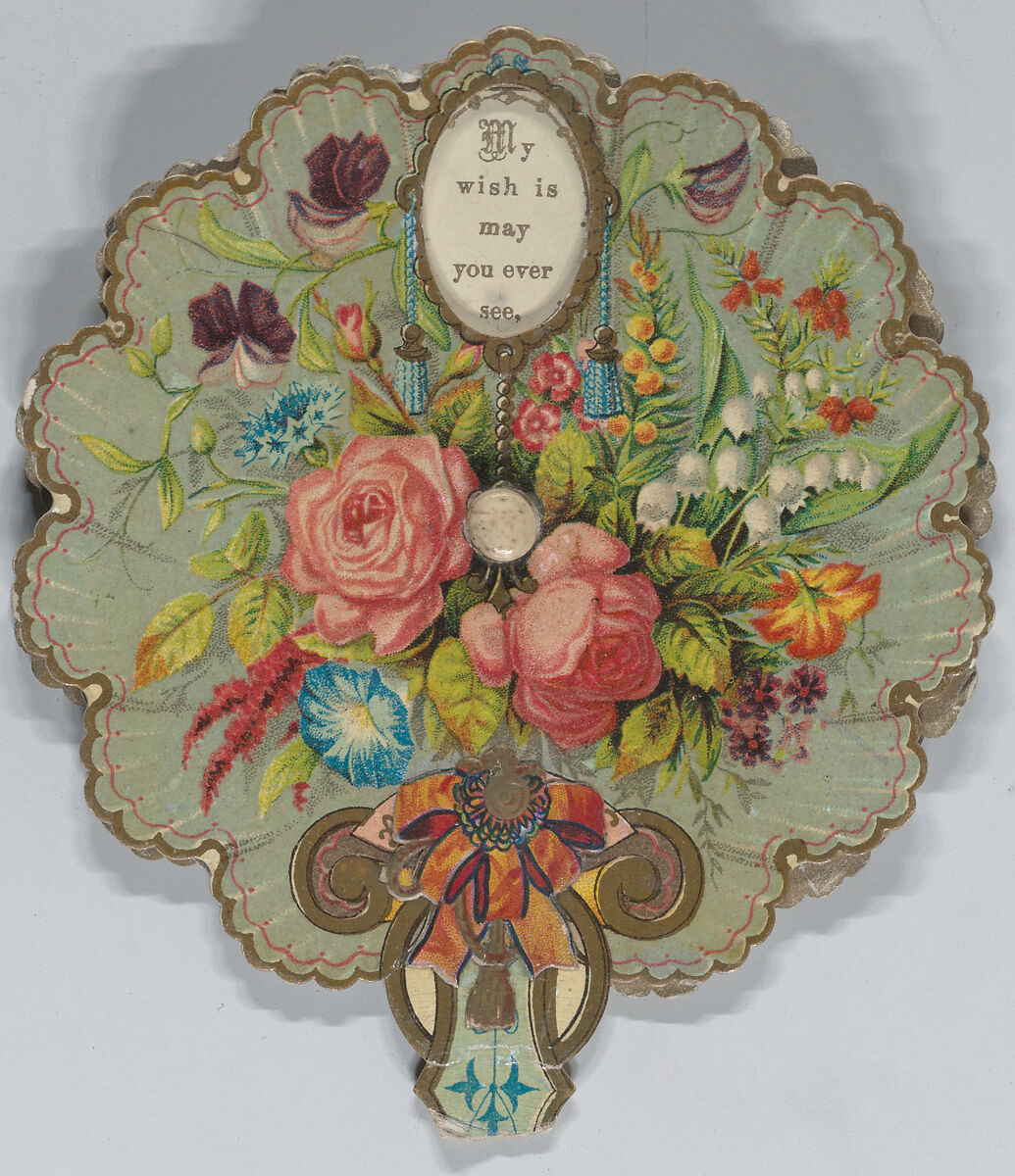 Valentine - Mechanical - Round Birthday bouquet, Anonymous, British or American, 19th century, Heavy die-cut card stock, chromolithography, celluloid grommet 