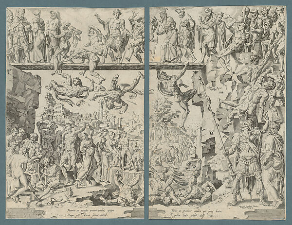 The Dangers of Human Ambition, Dirck Volckertsz Coornhert (Netherlandish, Amsterdam 1519/22–1590 Gouda), Etching from two plates printed on two sheets 