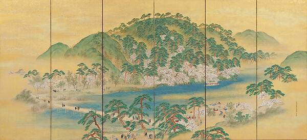 Arashiyama in Spring (right); Mt. Takao in Autumn (left), Yamamoto Baiitsu (Japanese, 1783–1856), Pair of six-panel folding screens; color with gold ground on paper, Japan 