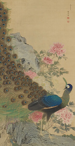 Peacock and Peonies, Maruyama Ōkyo 円山応挙 (Japanese, 1733–1795), Hanging scroll; ink, color, and gold paint on silk, Japan 