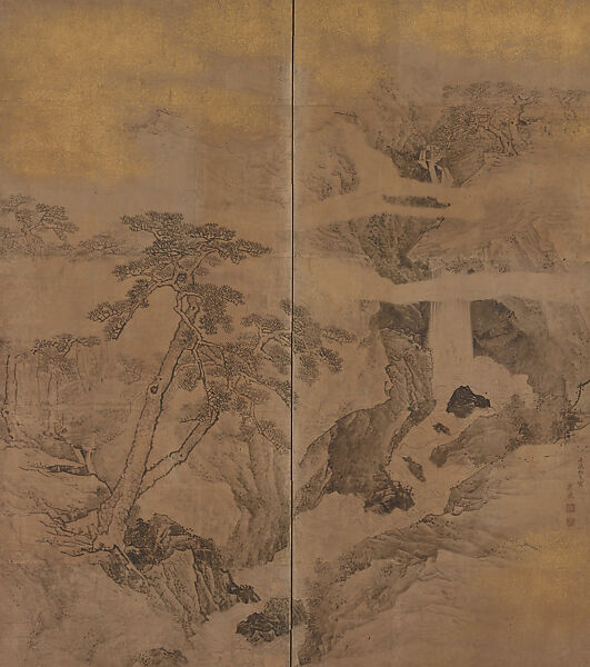 Waterfall and Pines, Maruyama Ōkyo 円山応挙 (Japanese, 1733–1795), Two-panel folding screen; ink and gold fleck on paper, Japan 