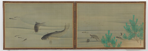 Fish and Turtles in Water, Maruyama Ōkyo 円山応挙 (Japanese, 1733–1795), Two-panel folding screen; ink and color on silk, Japan 