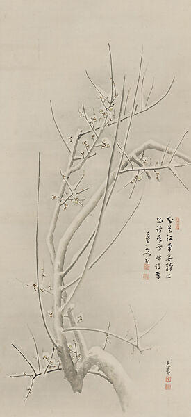 Blossoming Plum in Mist and in Snow, Matsumura Goshun (Japanese, 1752–1811), Pair of hanging scrolls; ink and color on paper, Japan 