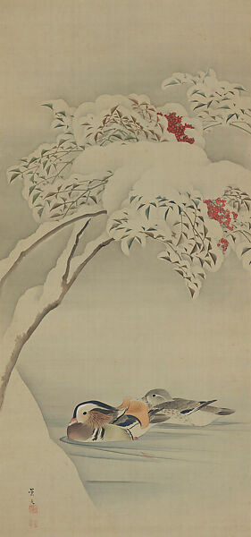 Mandarin Ducks in Snowy Landscape, Matsumura Keibun (Japanese, 1779–1843), Hanging scroll; ink and color on silk, Japan 