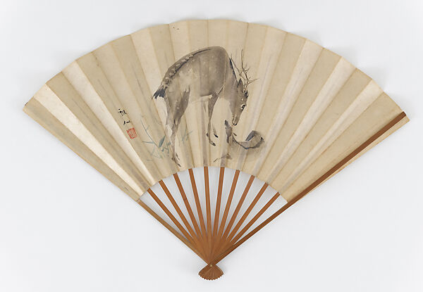 Stag Cleaning a Fawn, Mori Sosen (Japanese, 1747–1821), Fan, mounted on ribs; ink and light color on coated fan paper, Japan 