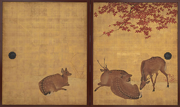 Deer and Maples, Mori Tetsuzan (Japanese, 1775–1841), Sliding doors (fusuma) mounted as four two-panel folding screens; ink and color on gilt paper, Japan 