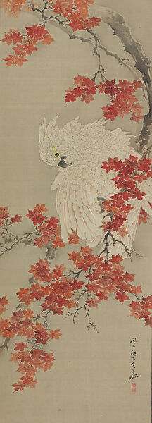 Cockatoo on a Red Maple Branch, Gantai (1782–1865), Hanging scroll; ink and color on silk, Japan 
